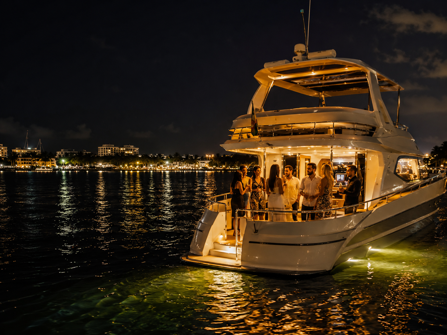 Yate iluminado navegando de noche en San Andrés